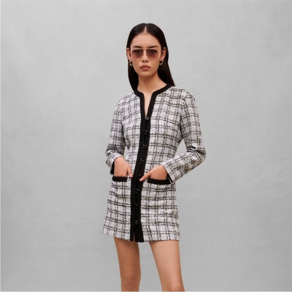 New Maje Tweed Effect Dress Blue Black Plaid Button Front Mini Size 40 - Picture 1 of 16